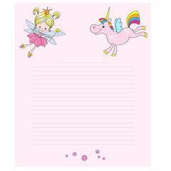 Fairy and unicorn cartoon characters. Cute characters on a pink background. Greeting card with place for congratulations.