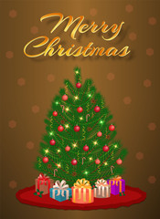 Merry christmas design of greeting card with christmas tree, gifts and lettering.