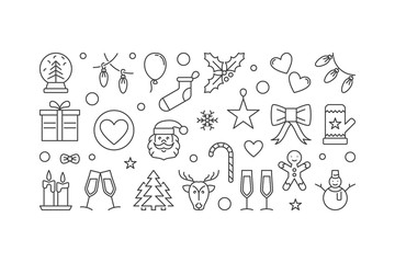 Happy New Year vector illustration or banner in thin line style