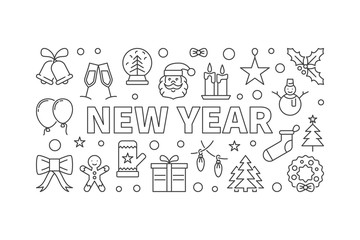New Year vector illustration in line style on white background