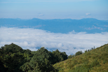 Fototapeta na wymiar Mountain view, fog, cloud and sky at Kew Mae Pan Nature Trail in Doi Inthanon National park