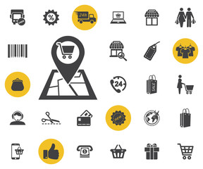 store pin location design, supermarket vector illustration. credit card icon. Simple shopping icons set. Universal shopping icon to use for web and mobile UI, set of basic UI shopping elements.