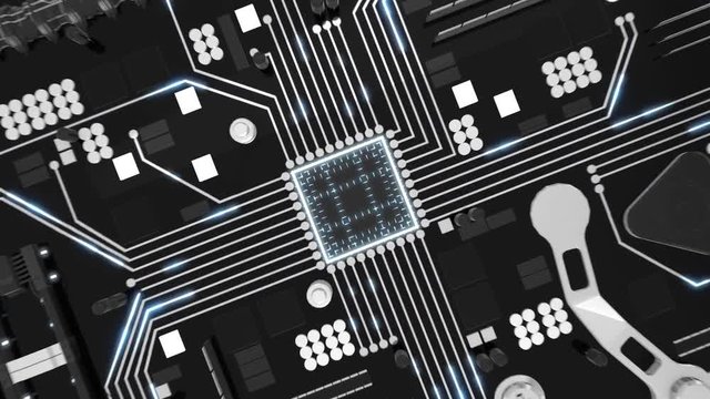 Seamless looping 3d animated futuristic motherboard and data tunnel with the animated text &ldquo;Botnets&rdquo; in 4K resolution