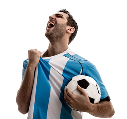 Argentina fan celebrating on white background - obrazy, fototapety, plakaty