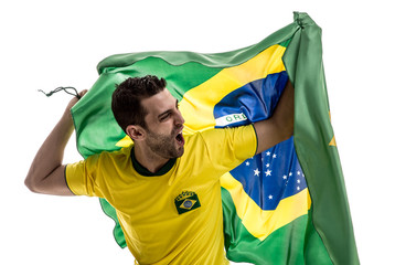 Naklejka premium Brazilian fan celebrating on white background