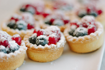 Tartlets with blueberries and raspberry. Small tarts with fruits.