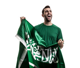 Saudi Arabia fan celebrating on white background