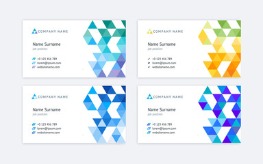 Set of four abstract vector business cards with colored triangular shapes, logos and icons.