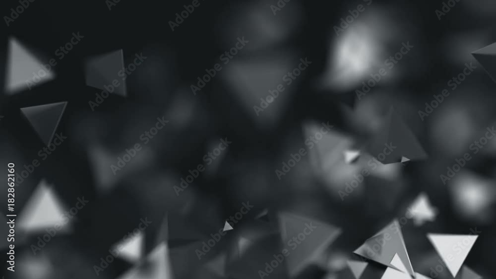 Poster abstract 3d rendering of chaotic low poly shapes. computer generated flying polygonal pyramids in em