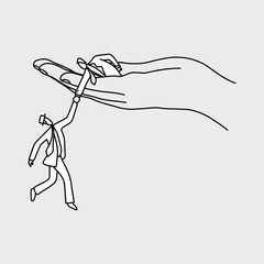 businessman on big hand helping another in the air vector illustration doodle sketch hand drawn with black lines isolated on gray background. Business concept. Editable artwork. Pay it forward.