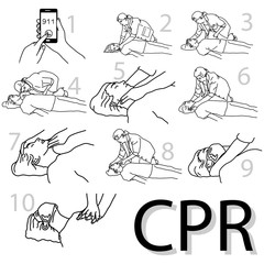Emergency first aid cpr procedure vector illustration sketch hand drawn with black lines isolated on white background - obrazy, fototapety, plakaty