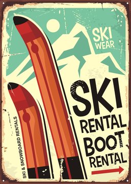 Ski rental retro sign design with pair of skis and winter mountain shape