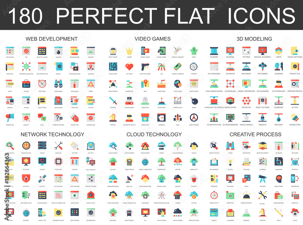 Poster 180 modern flat icons set of web development, video games, 3d modeling, network cloud technology, cr