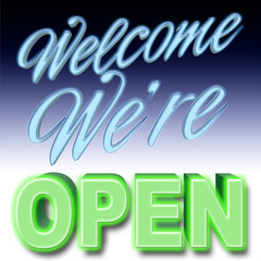 Stock Illustration - Blue Welcome, We&rsquo;re OPEN, Neon Green: OPEN, 3D Illustration, Blue Gradient Background.