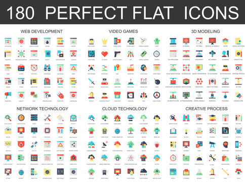 180 modern flat icons set of web development, video games, 3d modeling, network cloud technology, creative process icons.