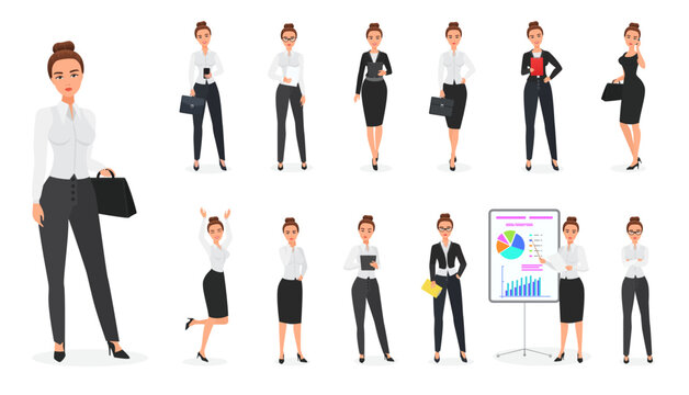 Vector Set of business woman character. Office female.