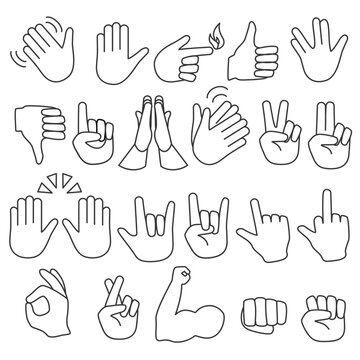 Hand gestures outline line stroke icons set.