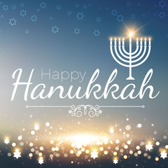 Happy Hanukkah Shining Background with Menorah, David Star and Bokeh Effect. Vector illustration