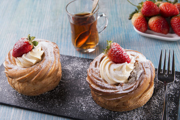 cake with custard and strawberries whipped cream