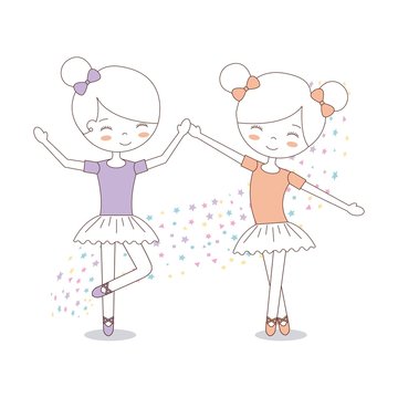 cute two girl ballerinas with tutu dress image vector illustration