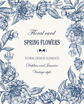Vintage invitation card with dahlias and jasmine. Vector illustration.