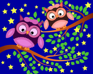 Bright cute cartoon owls sit on the flowering branches of fantastic trees