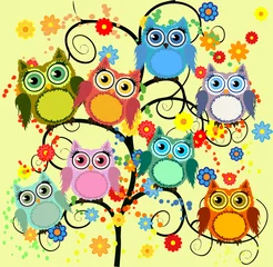 Fotobehang Bright cute cartoon owls sit on the flowering branches of fantastic trees © MichiruKayo