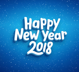 Happy New Year lettering on blue blurry vector background with sparkles. Greeting card design template with 3D typography label