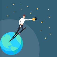 Successful businessman standing on ladder of success and reaching goals holding a star. Business achievement of the goal