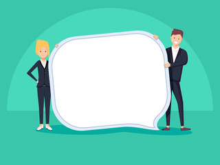Fototapeta premium Businessman and woman hold speech bubble. Vector, illustration, flat