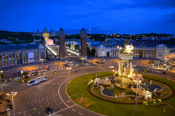 Plaça d'Espanya Plaza de España at night, Barcelona, Spain. This plaza is the largest square of Barcelona, built in 1929 for International Exhibition.