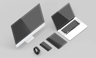 Web Responsive Axonometric Devices Mock UP In White Studio Environment, Black Screen, Left Side View