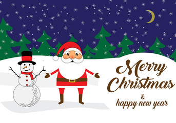 merry christmas and happy new year, with snowman on blue background 