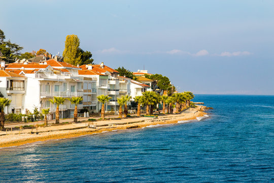 Istanbul Kinaliada coastal line houses and palm trees during sunny day. View from an Istanbul fery.