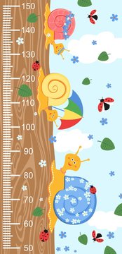 Children meter wall with a cute smiling cartoon snail and measuring ruler. Vector illustration of snail isolated on sky background and wood.