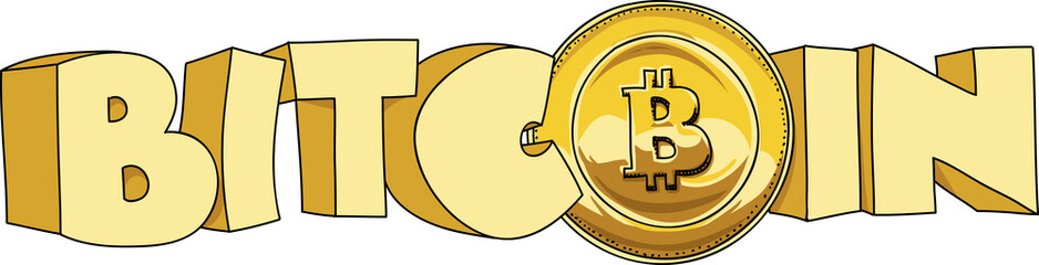 Chunky cartoon text of the word bitcoin that includes a bitcoin coin with the bitcoin symbol.