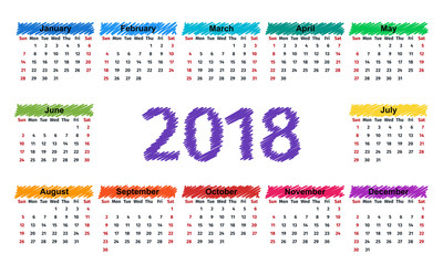 2018 calendar. Vector graphics. Week starts Sunday. Design stationery template with months of the year. Colorful illustration. Yearly calendar organizer on white background. 