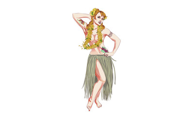 Obraz na płótnie Canvas Concept of retro woman woman dancing in Hawaiian dress. Vintage hula girl dancing on the beach