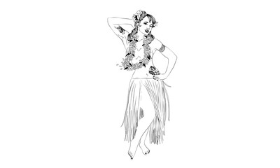 Concept of retro woman woman dancing in Hawaiian dress. Vintage hula girl dancing on the beach