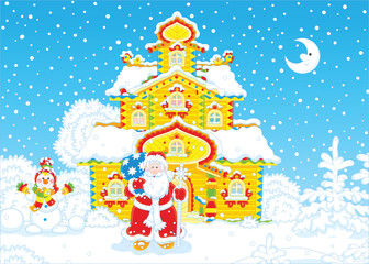 Santa Claus with a gift bag and a magical staff in front of his house