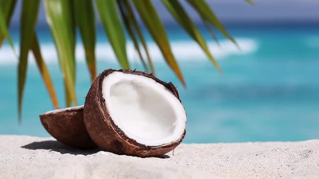 Two halfs of cracked brown coconut on white sandy beach with turquoise sea background, closeup