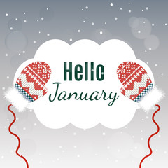 Fototapeta na wymiar Hello January lettering on winter background with mittens