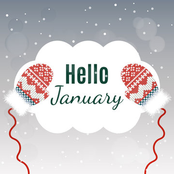 Hello January lettering on winter background with mittens
