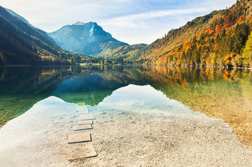 Beautiful Vorderer Langbathsee lake in Austrian Alps. Autumn landscape