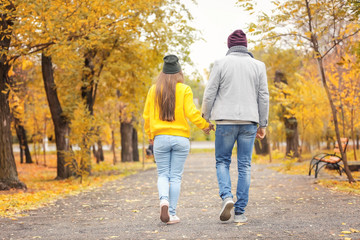 Fototapeta premium Young couple walking in park on autumn day