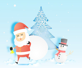Santa claus, snowman in paper art style with stunning landscape snow and snowflake background