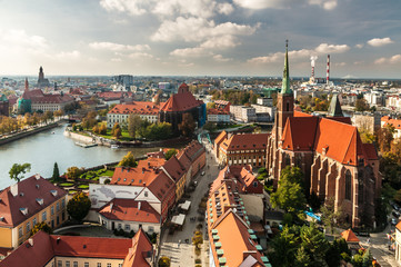 Fototapeta na wymiar Wroclaw, Lower Silesia, Poland, October 15, 2017; View of Ostrow Tumski district in Wroclaw from Cathedra Tower 