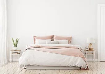Foto op Aluminium Light, cute and cozy home bedroom interior with unmade bed, pink plaid and cushions on empty white wall background. 3D rendering. © marina_dikh