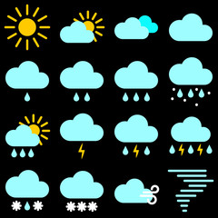 Flat simple image with sun, clouds, rain, lightning, snow, wind, breeze, hailstones, storm isolated on black background. Collection of weather icons. Vector illustration set for weather forecasting.