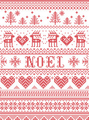 Seamless Noel Scandinavian fabric style, inspired by Norwegian Christmas, festive winter pattern in cross stitch with reindeer, Christmas tree, heart, snowflakes, snow, decorative ornaments, red 
